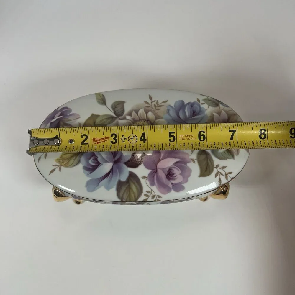 Porcelain Trinket Box With Gold Gilded Feet Oval Shaped With‎ Hand Painted Roses